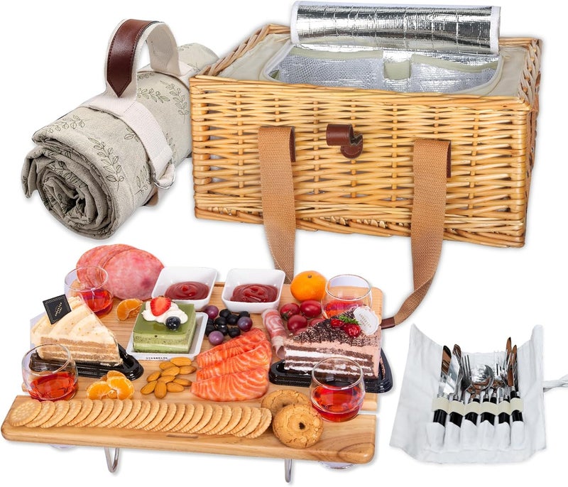 HapTim Wicker Picnic Basket for 4 with Mini Folding Wine Picnic Table & Large Insulated Cooler Bag & Cutlery Service Kits for 4 Person, Couples Gifts, Wedding Gifts (Y2307-4-CM) - Image 1